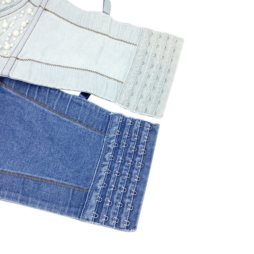 Sexy Women's Denim Bustier Top – Pearl Embellished Strappy Cropped Corset Vest