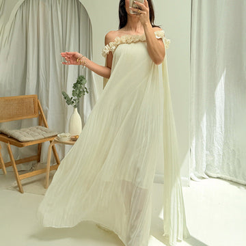 Designed Women's Floral Patchwork Maxi Dress with 3D Flower Shoulder