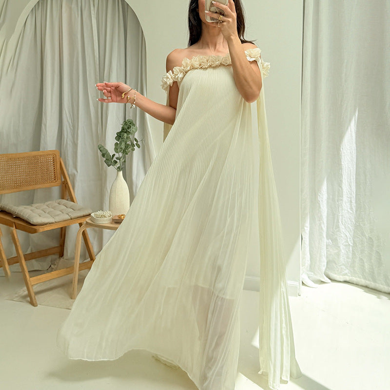 Designed Women's Floral Patchwork Maxi Dress with 3D Flower Shoulder