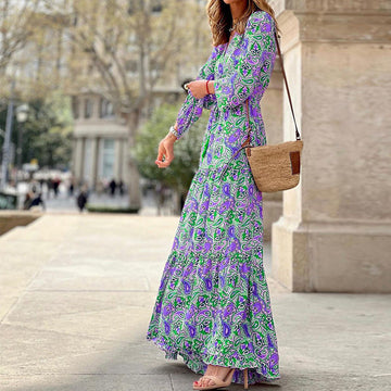 Bohemian V-Neck Long Sleeve Midi Dress – Fall Fashion Dress