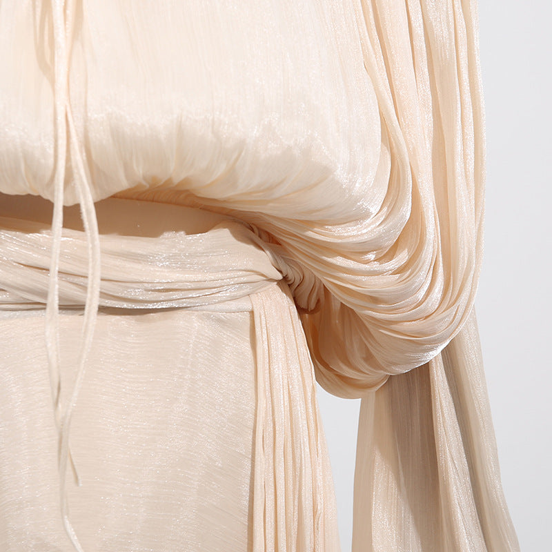 Women's Summer V-Neck Belted Ribbon Tie Waist Flowy Dress