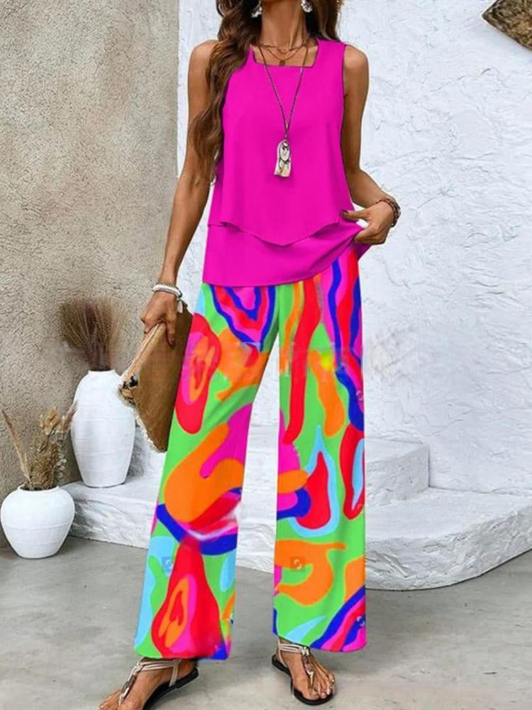 Women's Summer Sleeveless Layered Vest & Pants Set