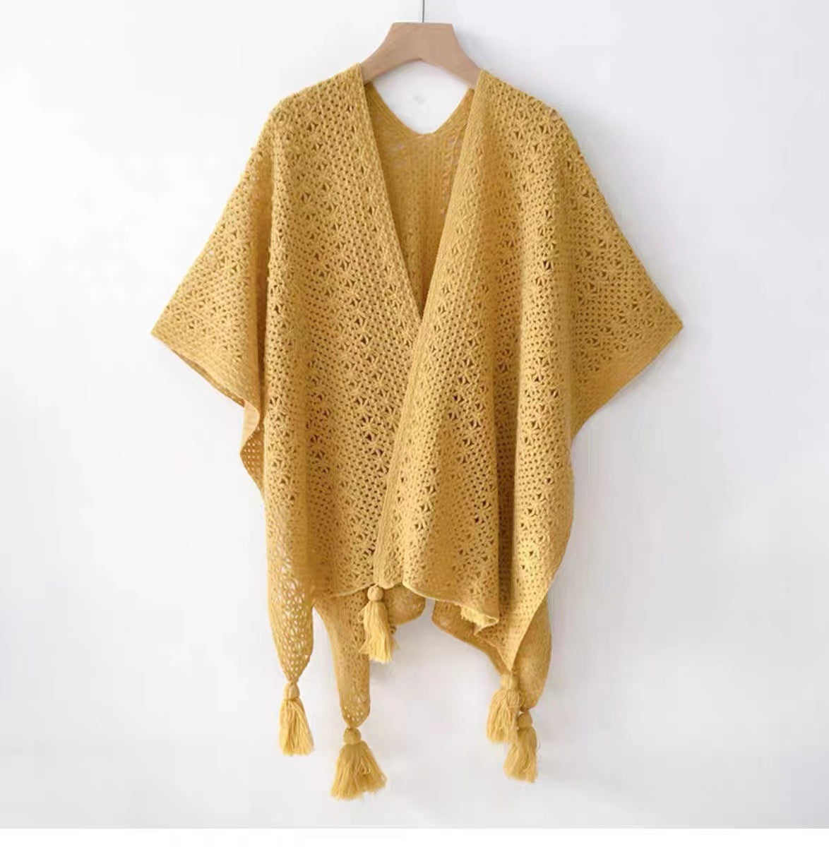 Boho Chic Knit Fringe Shawl – Ethnic Travel Wrap with Slit for Women