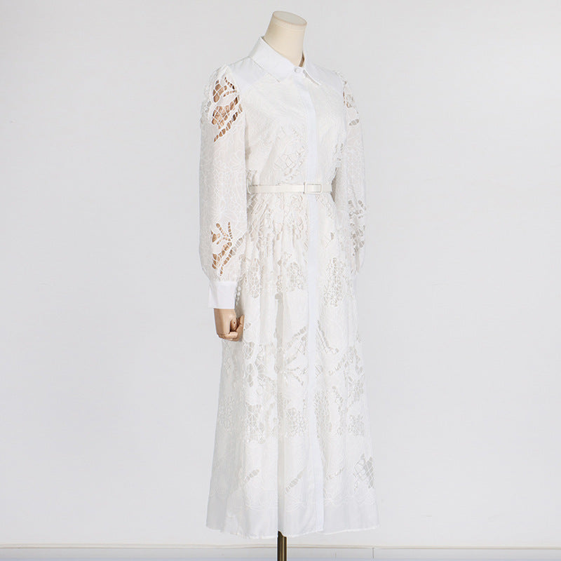 Vintage Collar Long Lantern Sleeve Mid-Length Embroidery Lace Dresses