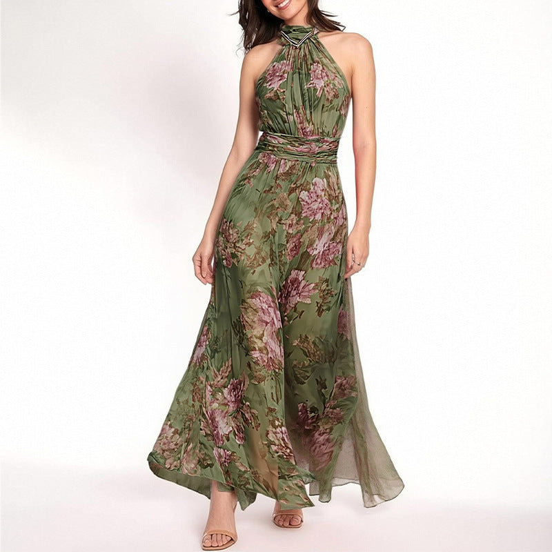 Elegant Halter Neck Sleeveless Print Maxi Dress
