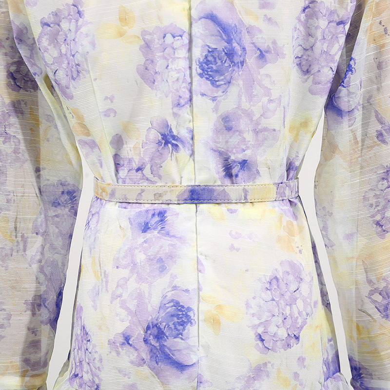 Floral Lace Trim Cake Dress – Summer Deep V-Neck Bell Sleeve Maxi Dress