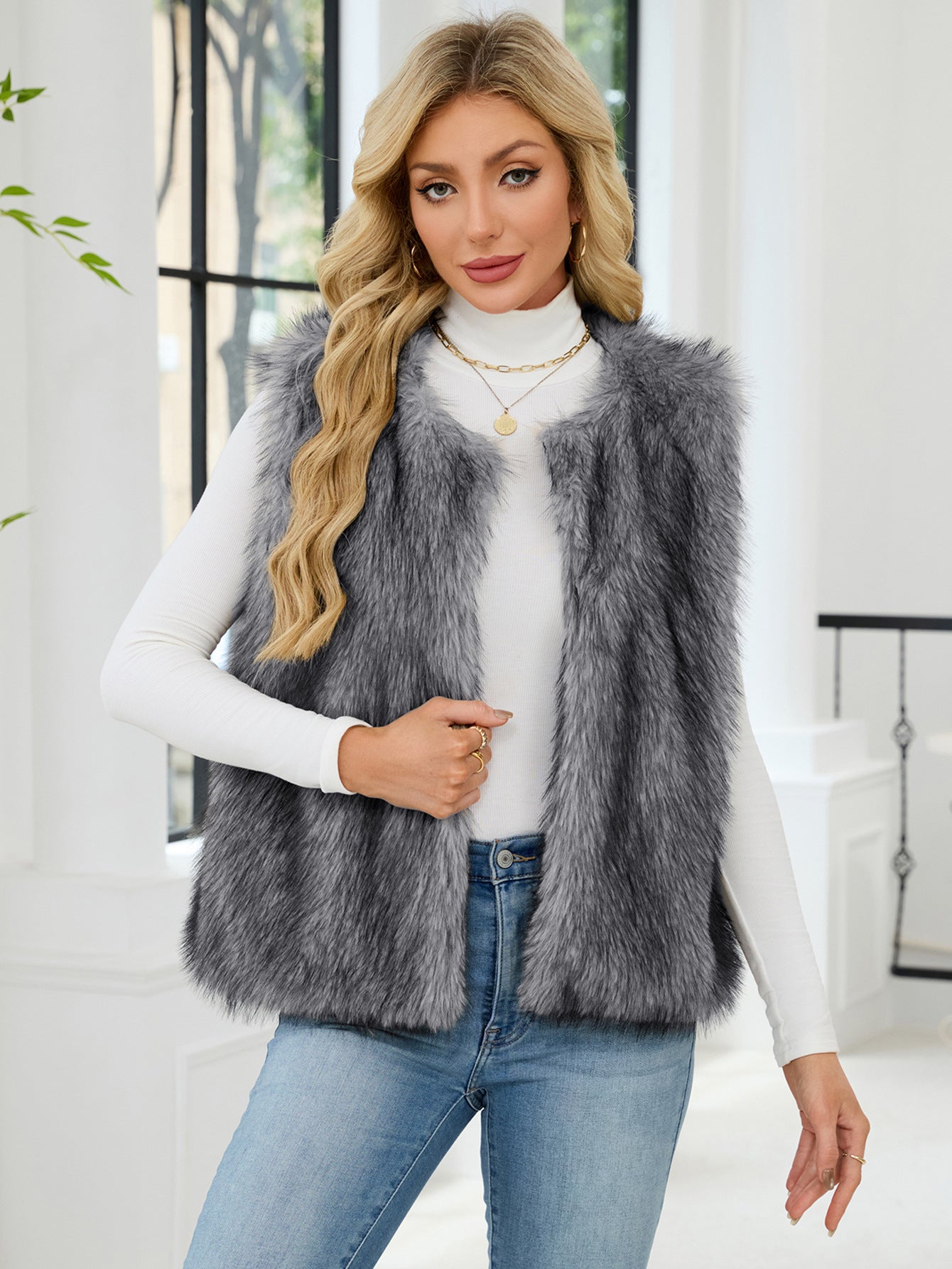 Faux Fur V-Neck Vest Sleeveless Top