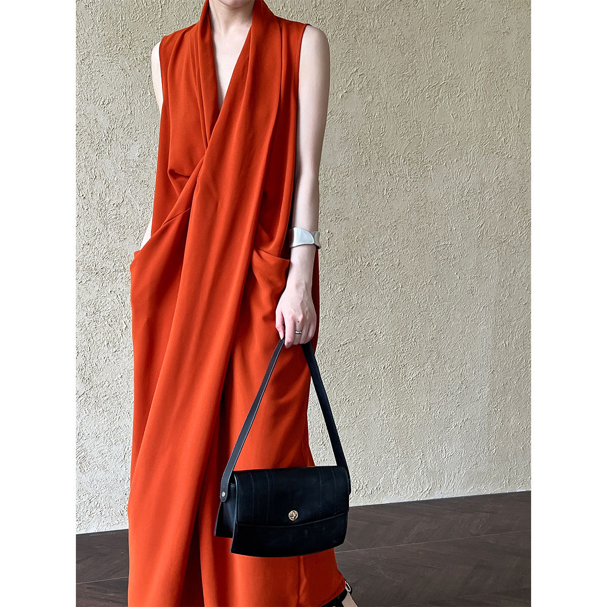Women's V-Neck Sleeveless Twist Knot Long Dress-Pumpkin color-M-Free Shipping Leatheretro