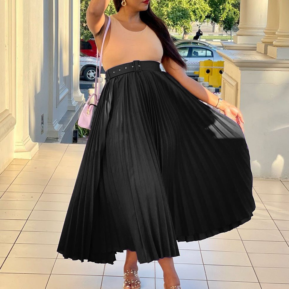 High-Waisted Pleated Midi Skirt with Belt