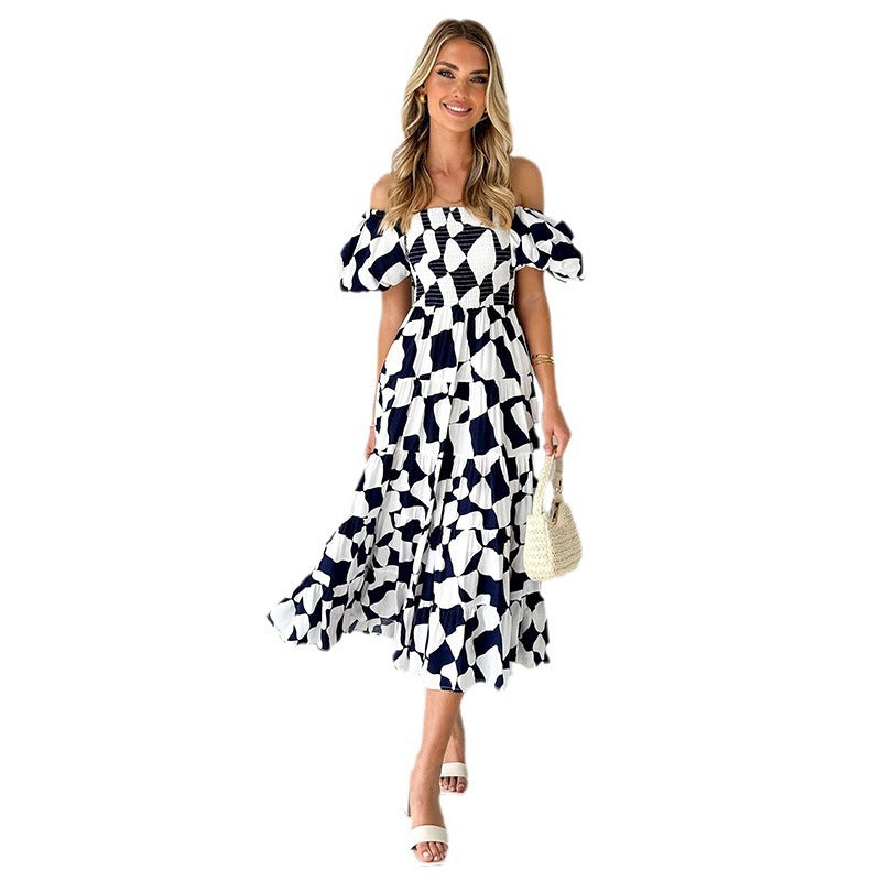 Spring Summer Off-Shoulder Floral Print Puff Sleeve Dress