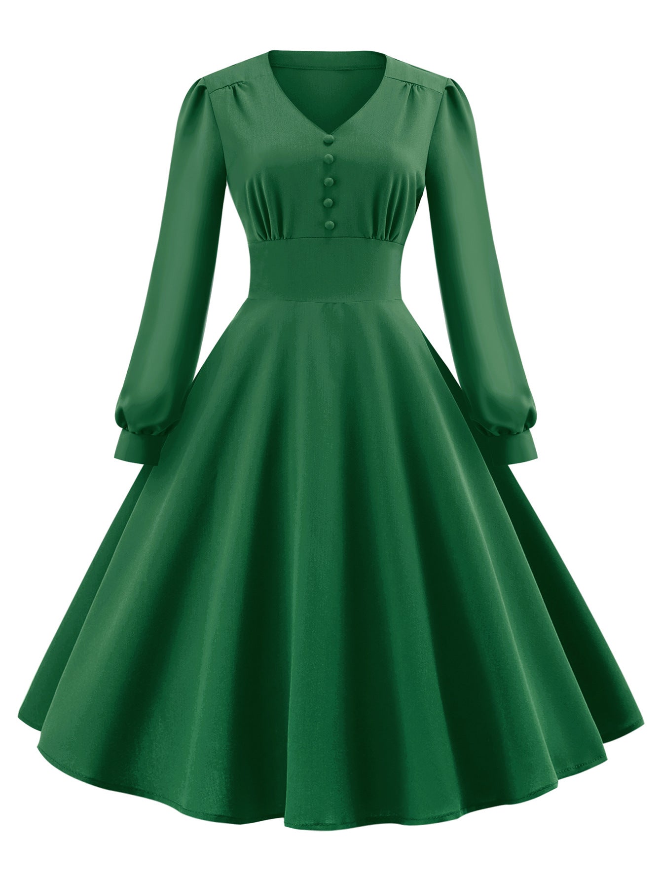 Vintage Long Sleeves Dresses with Button-Dresses-Green-S-Free Shipping at meselling99