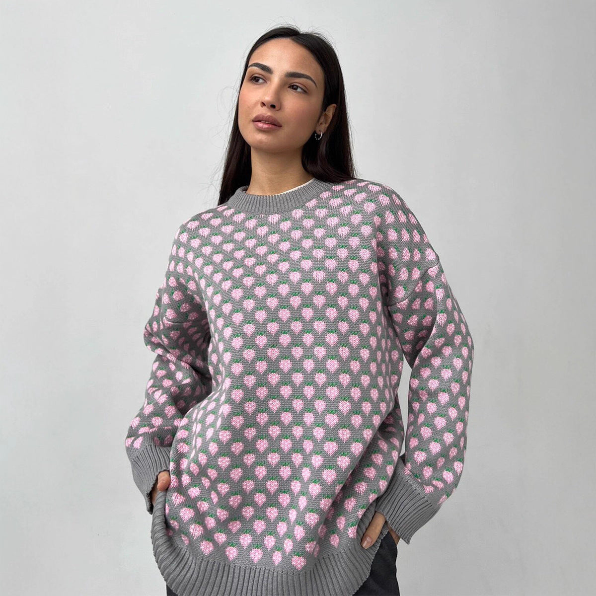 Oversized Strawberry Print Sweater