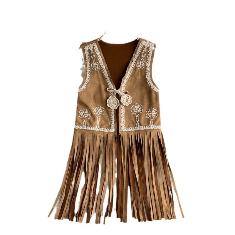 Bohemian Vintage Vest – Embroidered Floral Long Fringe Open Front Cardigan