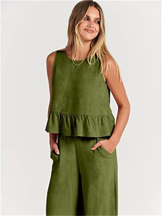 Women's Summer Sleeveless Pleated Vest & Wide-Leg Cropped Pants Casual Set