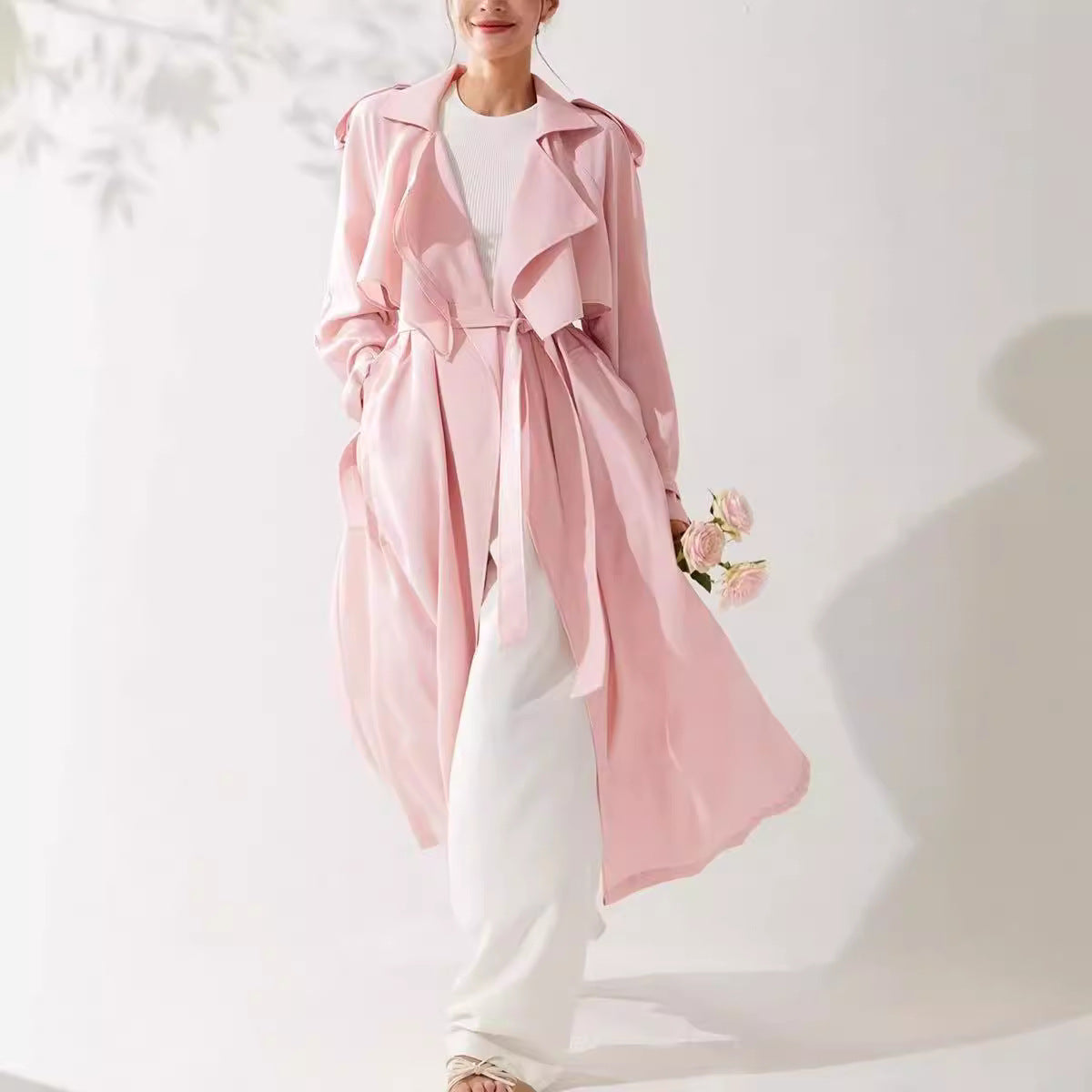Elegant Pink Long Belted Lightweight Draped Trench Coat