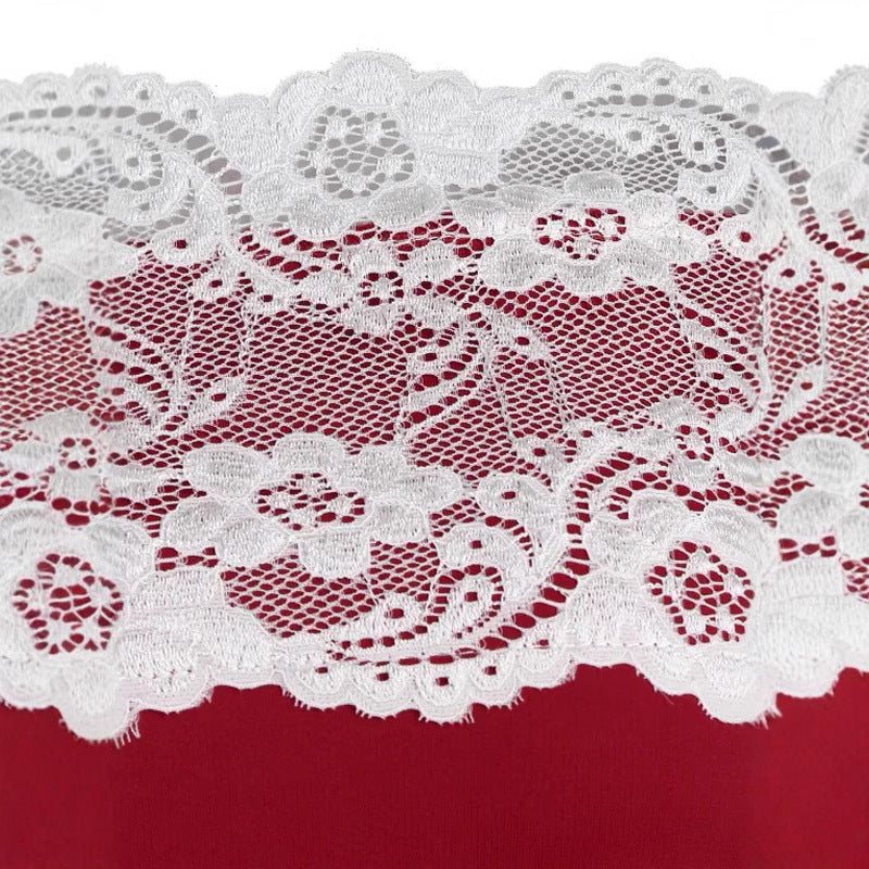 Elegant Off-the-Shoulder Christmas Dress with Lace Trim and Flared Skirt