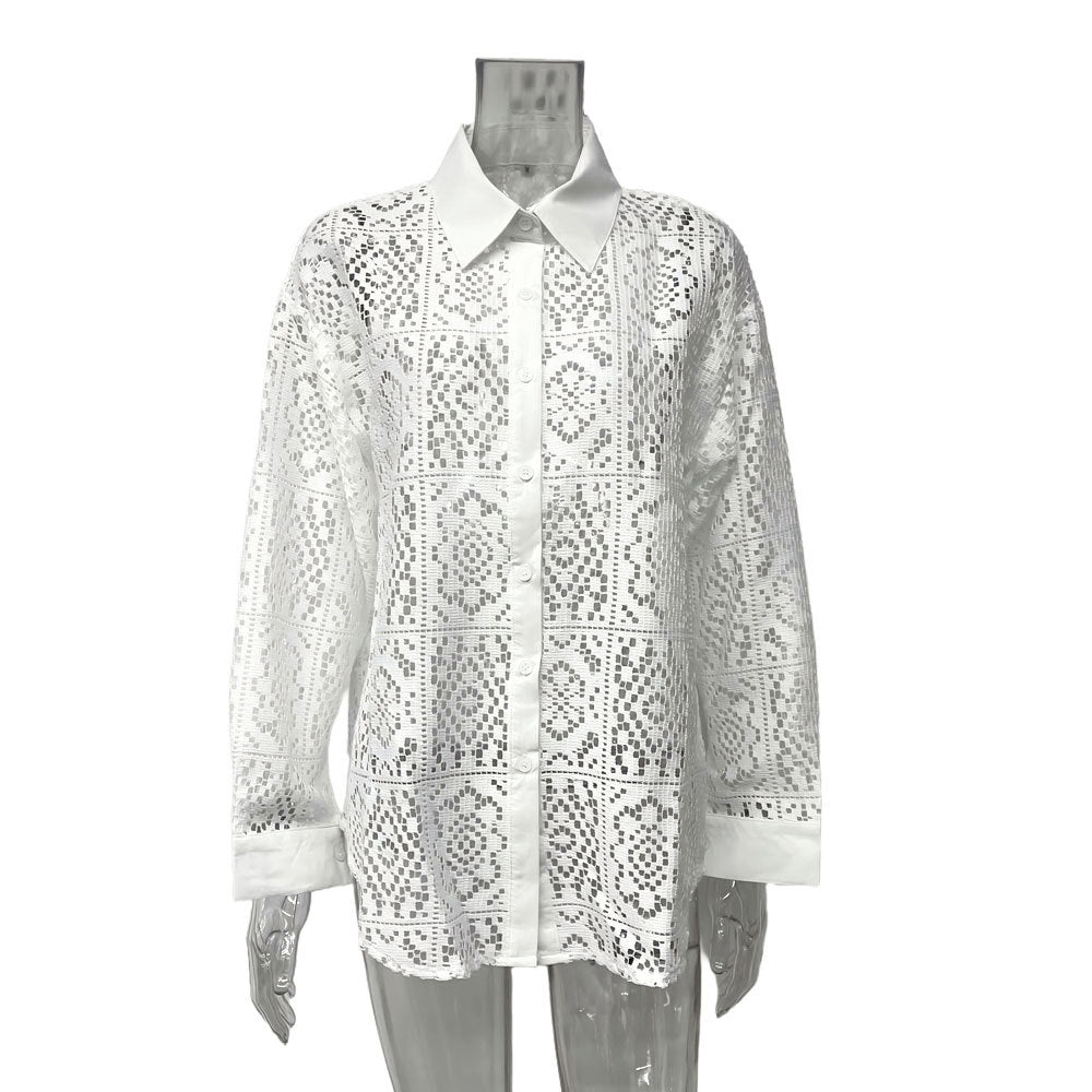 Vintage Lace Blouse – Women's Elegant Long Sleeve Sheer Office Shirt-White-S-Free Shipping Leatheretro