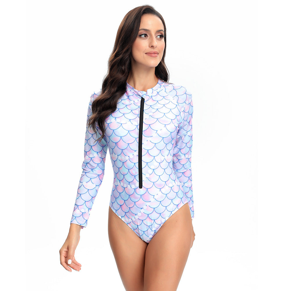 Women's Long Sleeve Multi-Color Print Zip-Up One-Piece Snorkel & Surf Wetsuit