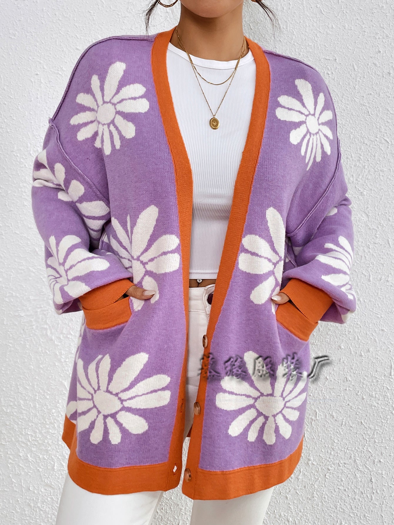 Casual Floral Print Knitted Cardigan Coats