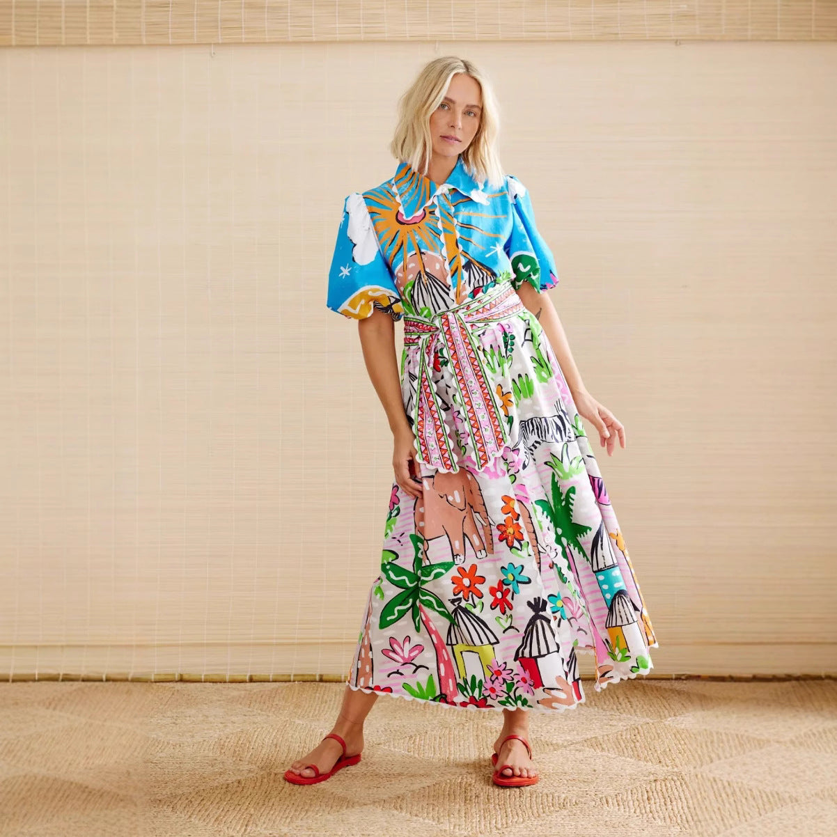 Linen Casual Print Shirt Collar Button-Down Dress