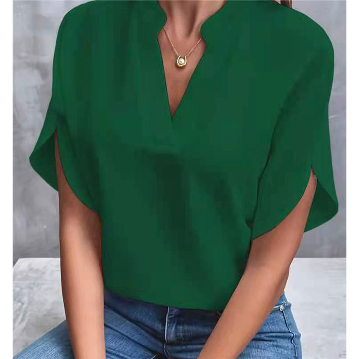 Women's V-Neck Shirt - Solid Color Casual Short Sleeve T-Shirt-dark green-S-Free Shipping Leatheretro