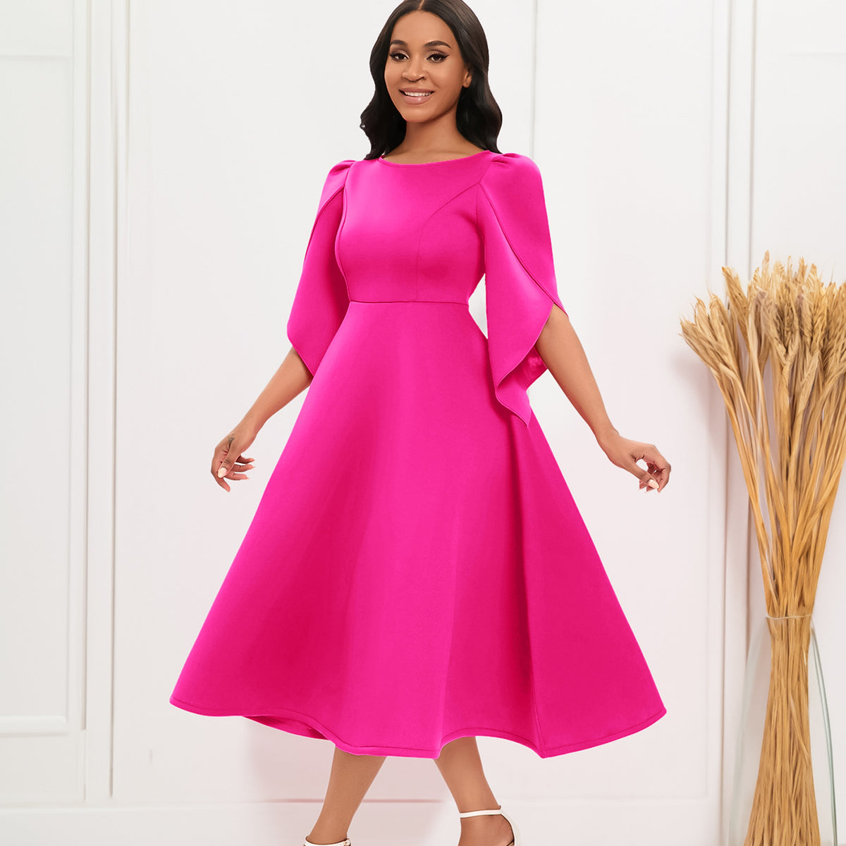 Autumn Fashion Elegant Round Neck Bell Sleeve Evening Party Dress