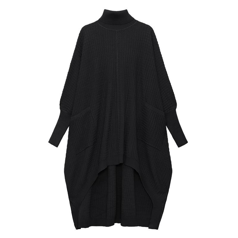 Women High Neck High Low Designed Knitted Long Cozy Dresses-Black-One Size-Free Shipping at meselling99