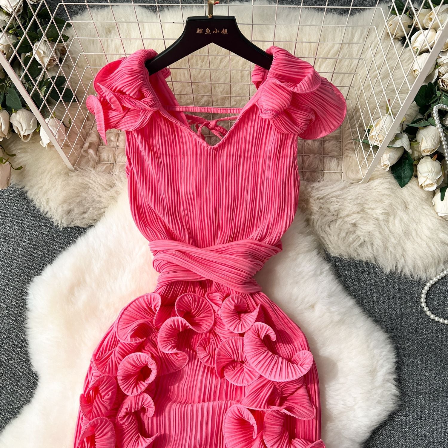 High-End Pleated Dress – Luxury Women's Designer Ruffle Hem Slim Fit Long Maxi Dress