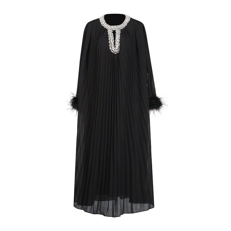 Elegant Round Neck Rhinestone Ostrich Feather Long Sleeve Ruffle Dress