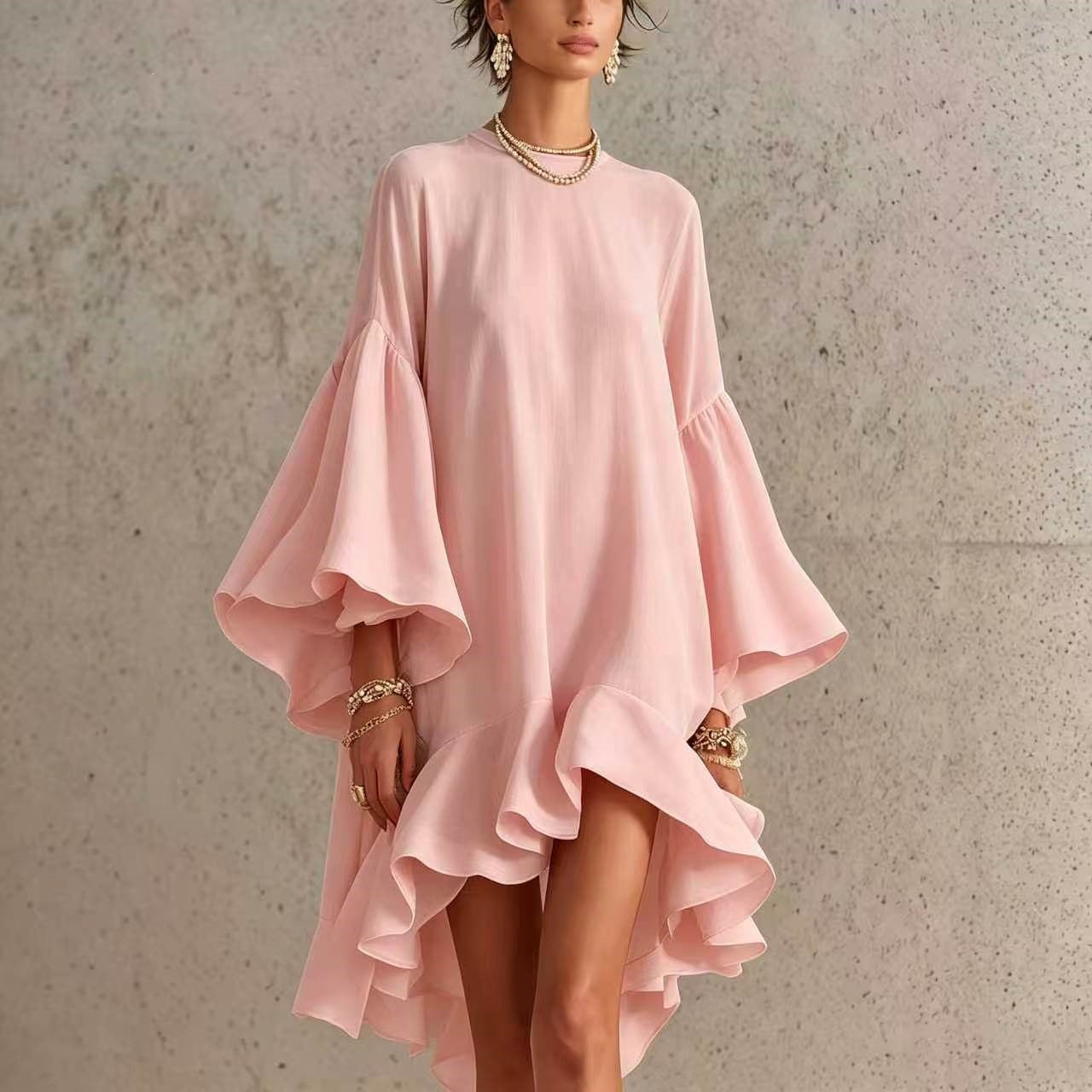 Solid Color Round Neck Flared Bell Sleeve Asymmetrical Hem Oversized Dress
