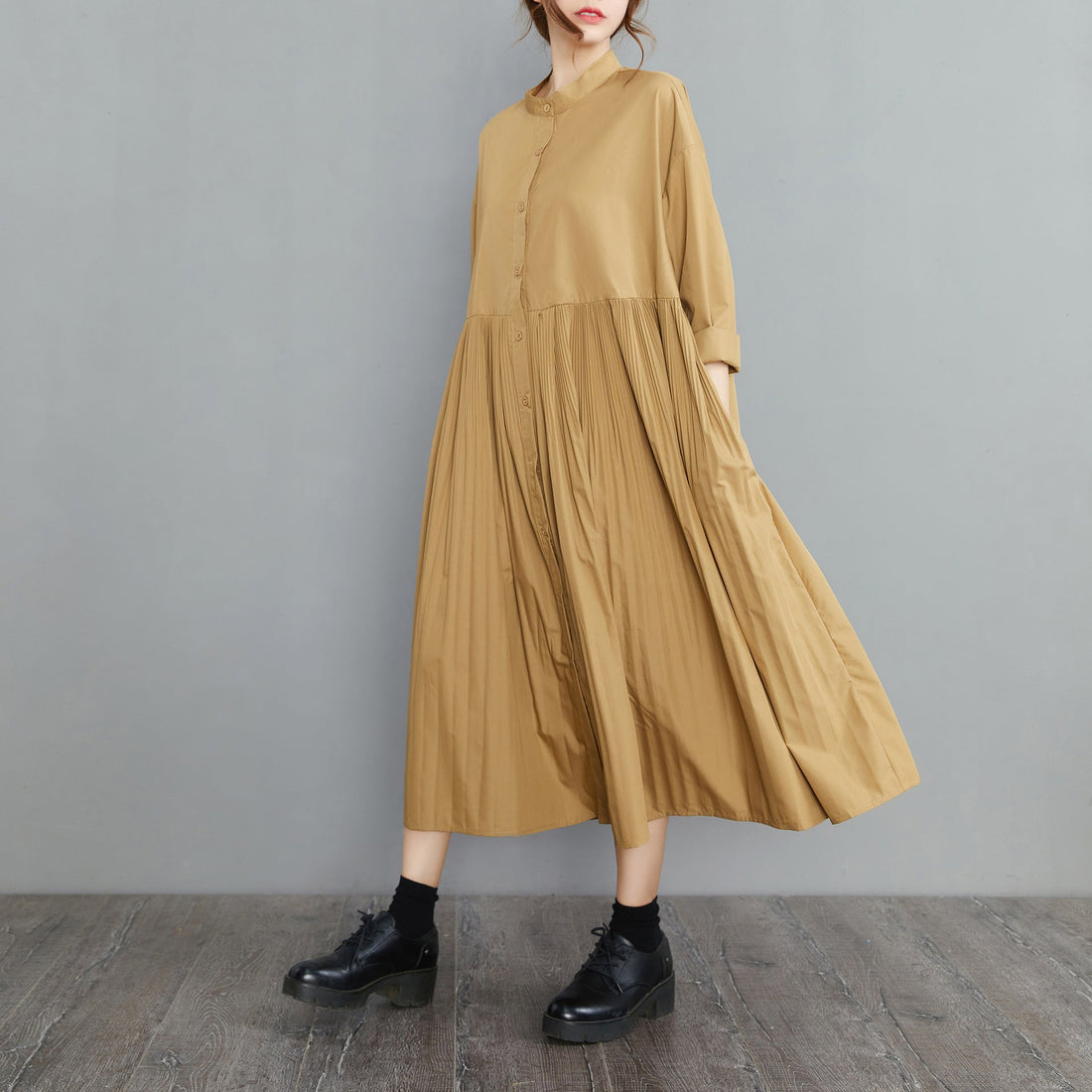 Vintage Stand Collar Plus Sizes Fall Shirts Dresses-Dresses-Free Shipping at meselling99