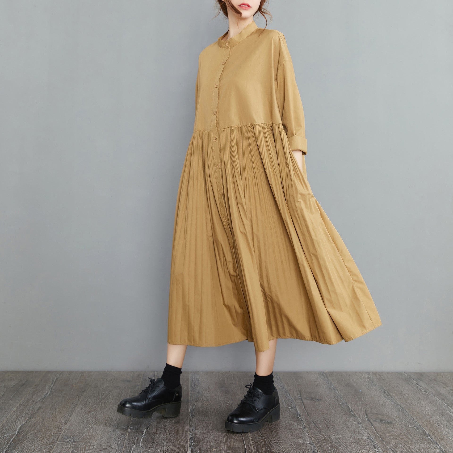 Vintage Stand Collar Plus Sizes Fall Shirts Dresses-Dresses-Free Shipping at meselling99