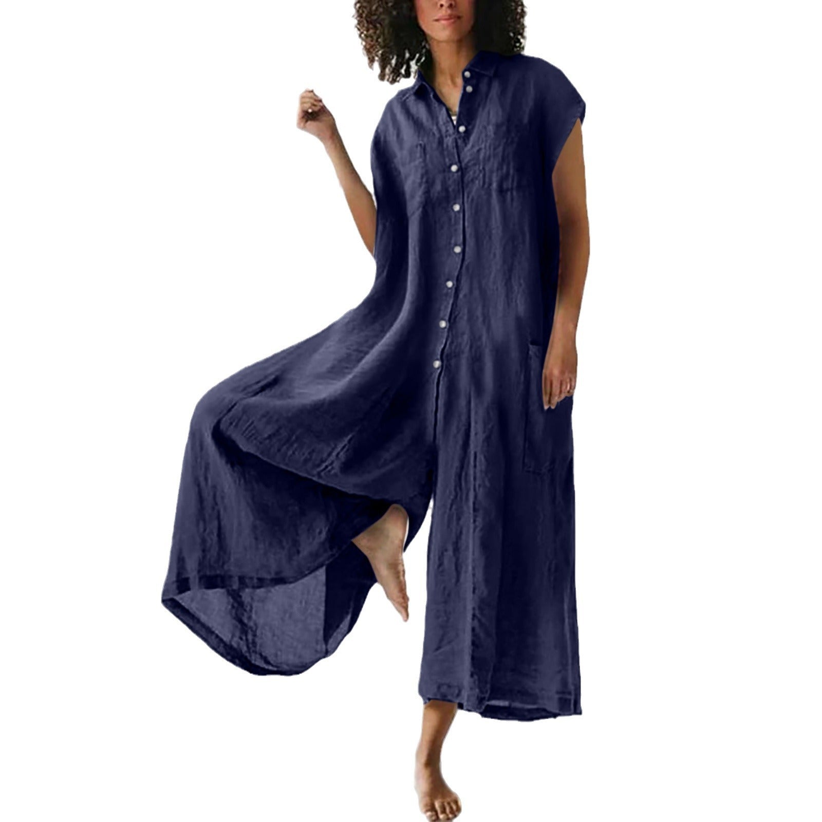 Women's Summer Linen Blend Solid Color Plus Size Jumpsuit