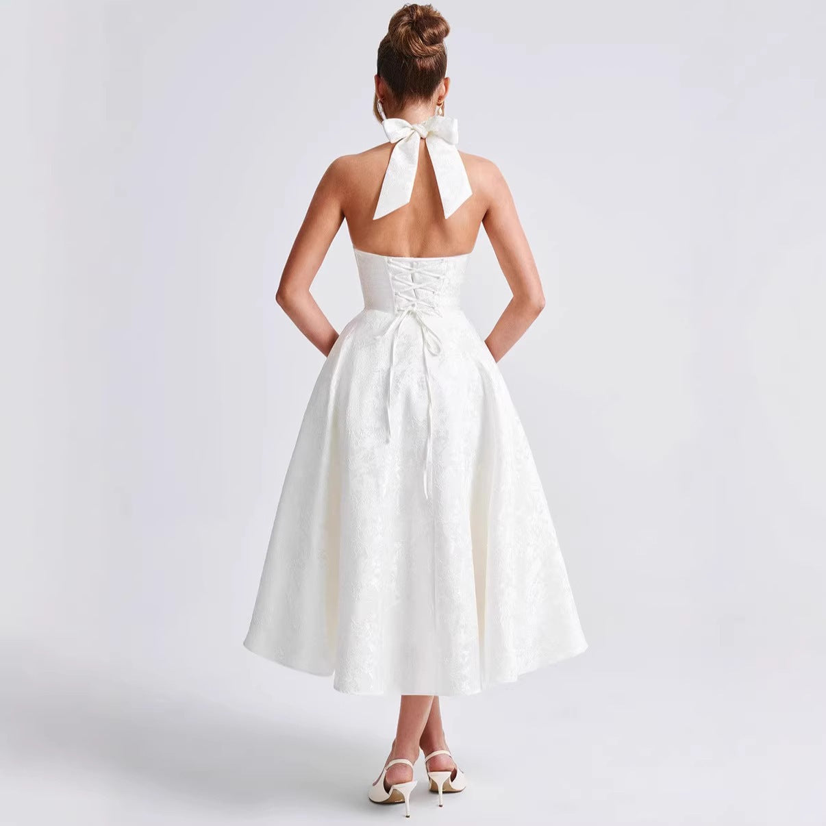Backless Halter Jacquard Midi Dress