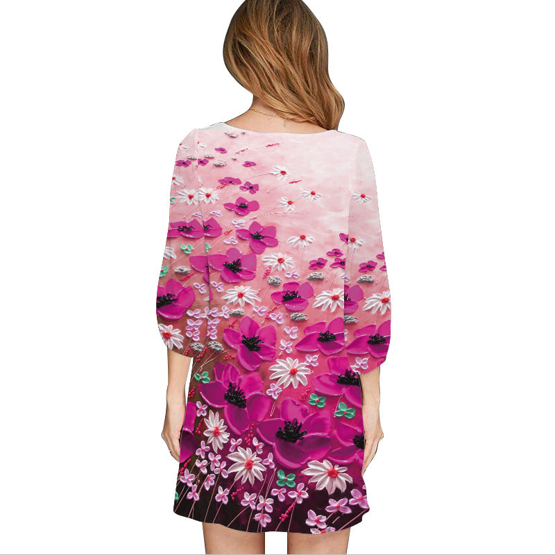 Casual Floral Print 3/4 Length Sleeves Short Dresses