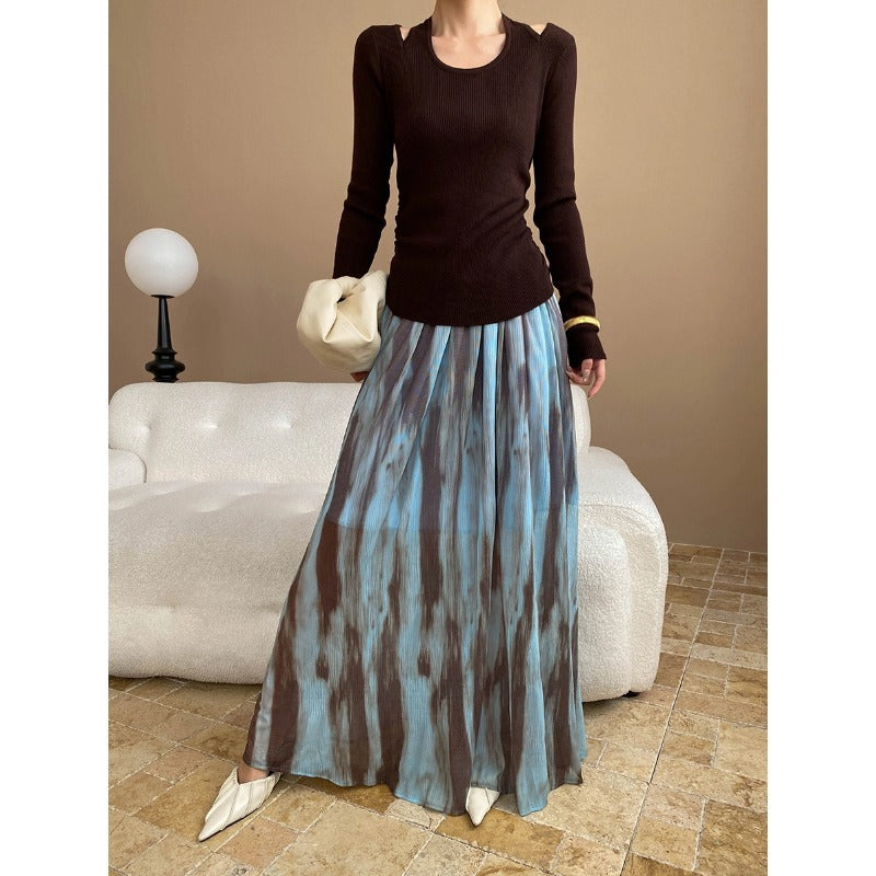 High-Waisted Long Hemline Skirt with Watercolor-Ink Drape