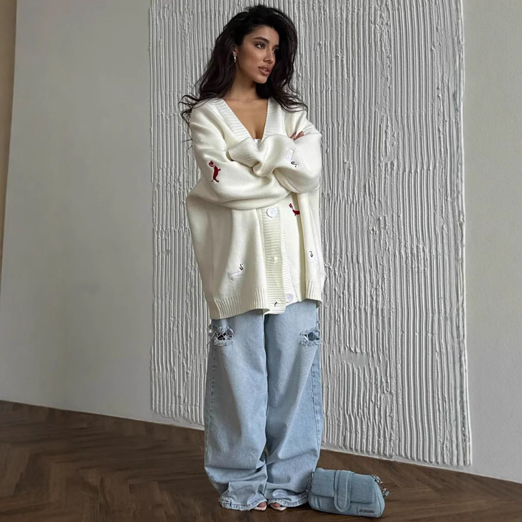 Women's Oversized Casual Knitted Embroidered Sweater Coat