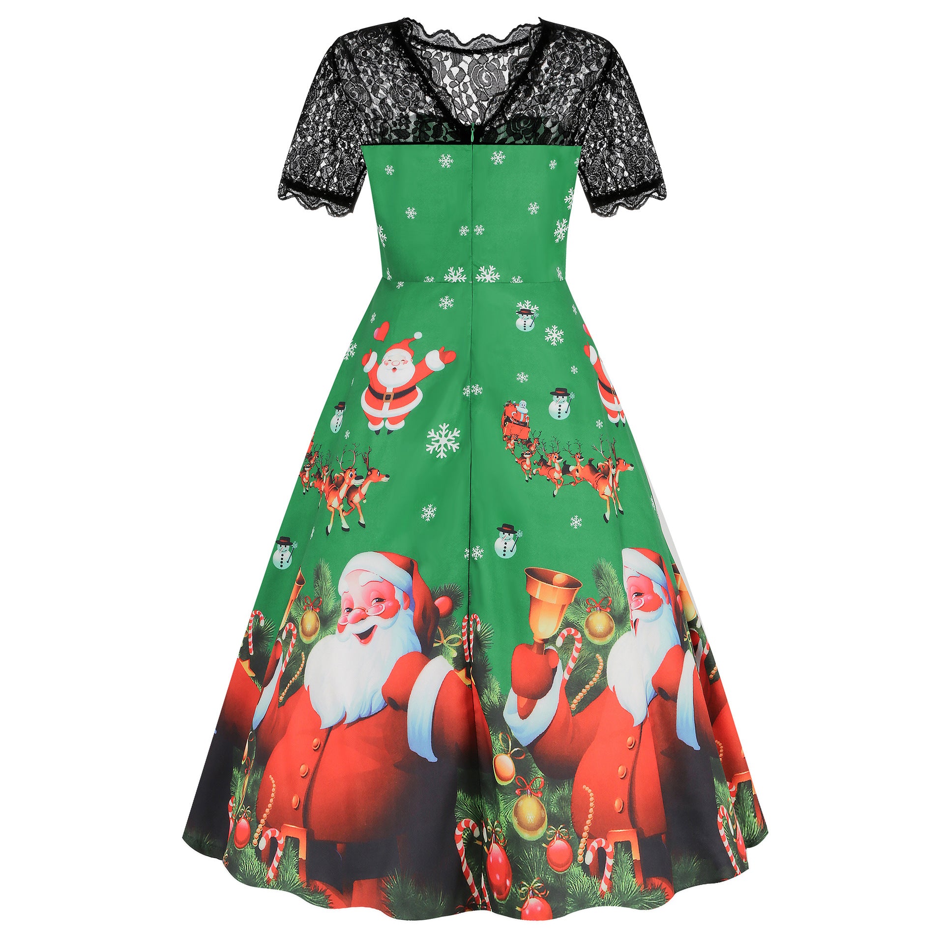 Christmas Theme Floral Print Dress with Lace Inserts and Flared Skirt