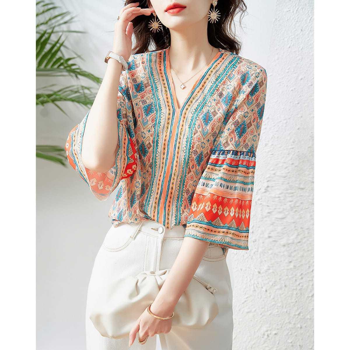 Summer Bohemian Chiffon 3/4 Length Women Blouses