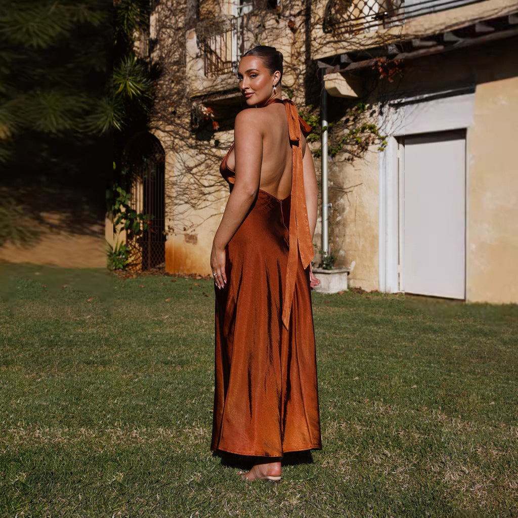 Women's Satin Halter Neck Slit Maxi Dress with Cinched Waist