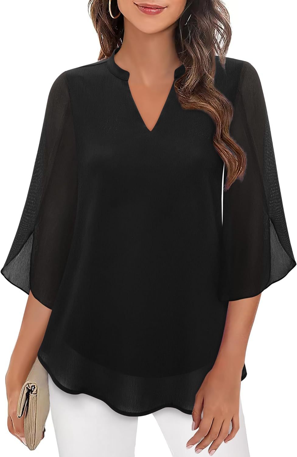 Women's Flowy V-Neck Chiffon Blouse with Petal Sleeves