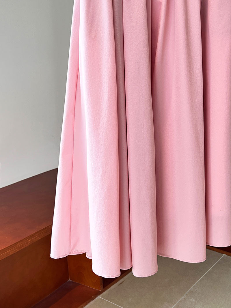 Elegant Pink Midi Skirt – Flowy A-Line Pleated Skirt with High Waist
