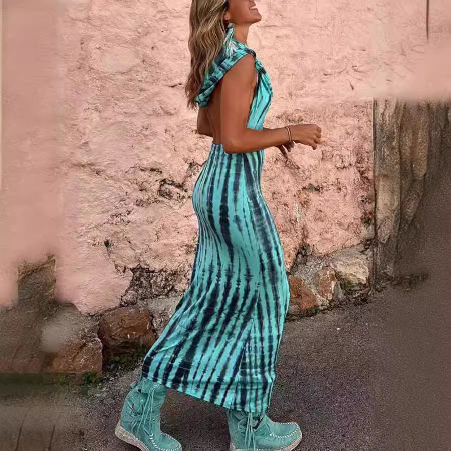 Women's Hooded Open-Back Printed Boho Dress