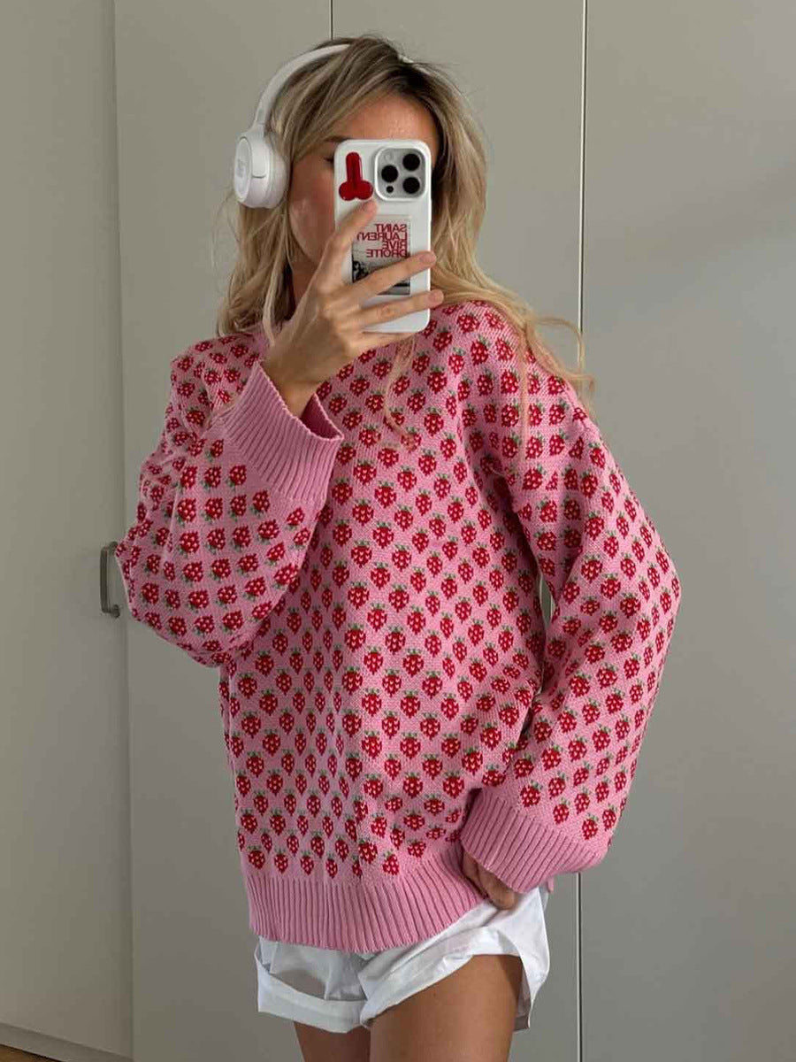 Oversized Strawberry Print Sweater