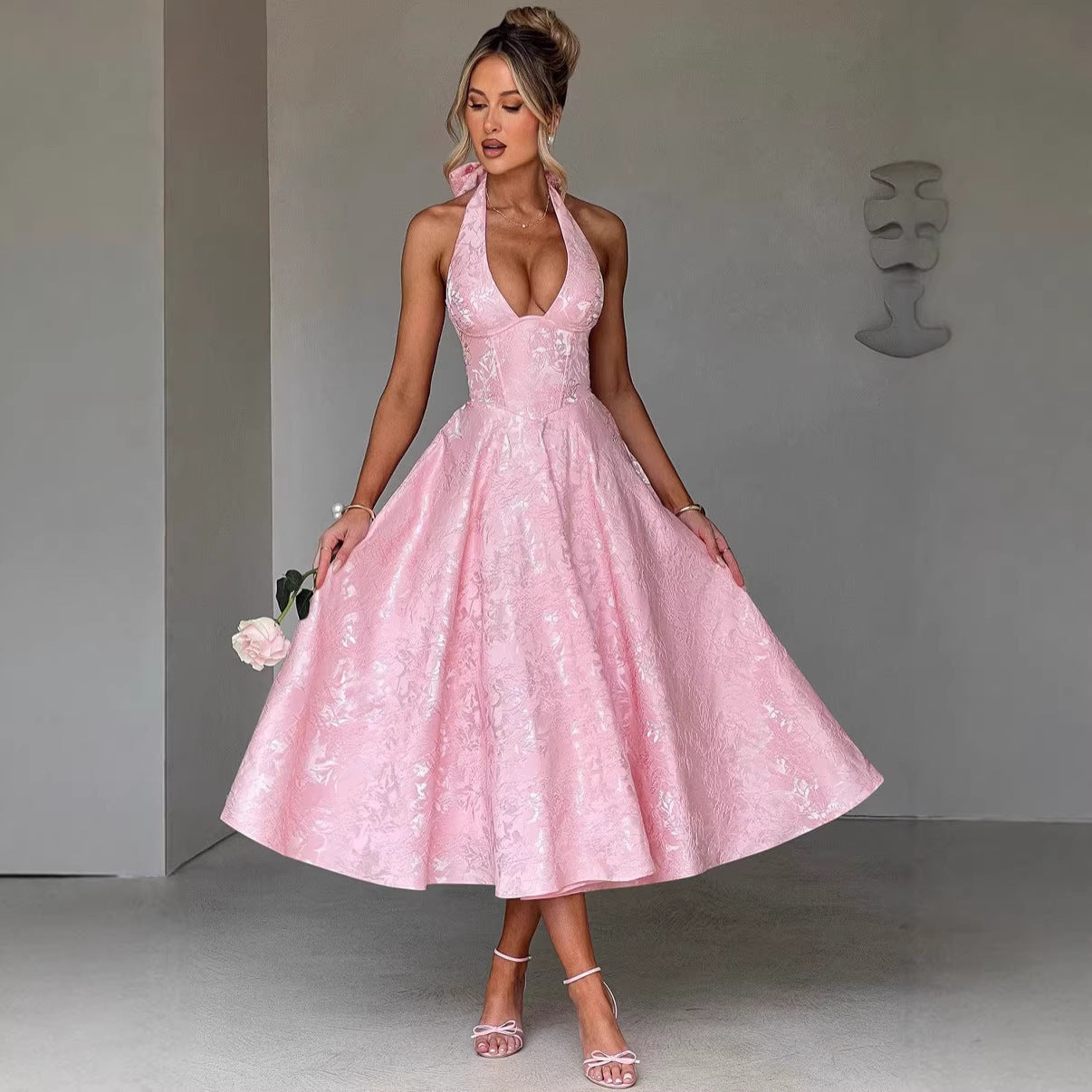 Backless Halter Jacquard Midi Dress