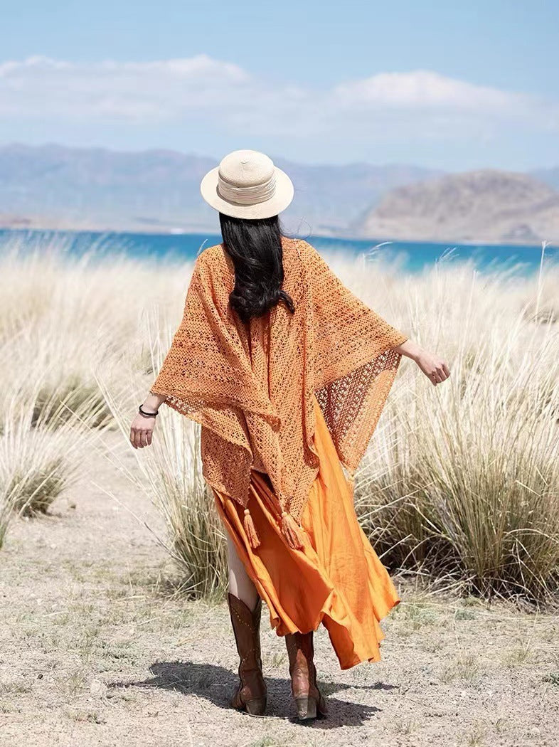 Boho Chic Knit Fringe Shawl – Ethnic Travel Wrap with Slit for Women