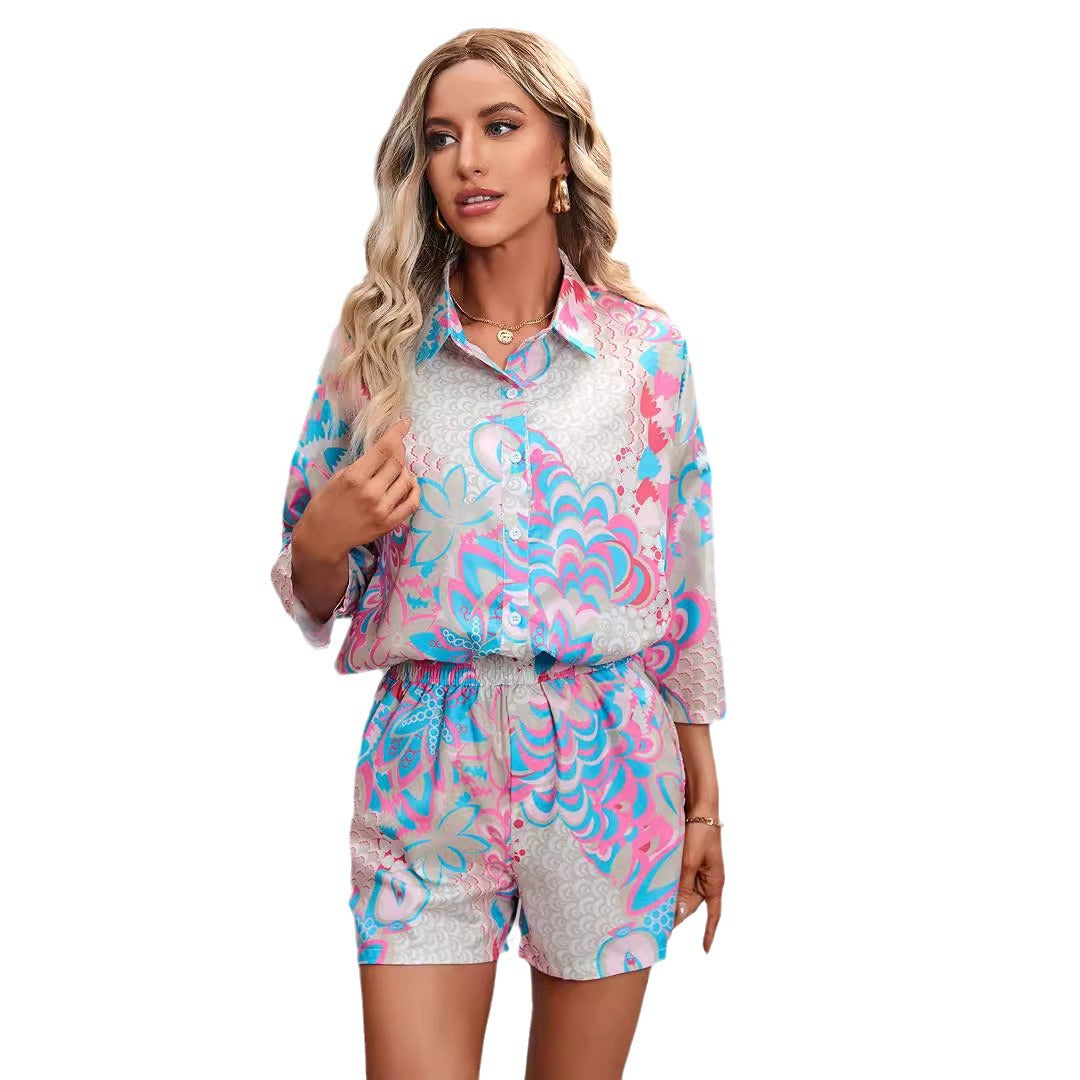 Women's Summer Floral Print Shorts & Short-Sleeve Casual Set