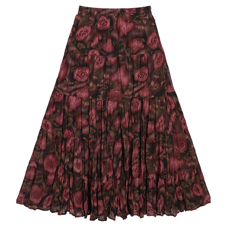 Yuan Su's new summer Wizard of Oz floral pleated skirt, high waist versatile and thin wrinkled A-shaped big swing skirt-Rose-carmine-one size fits all-Free Shipping Leatheretro