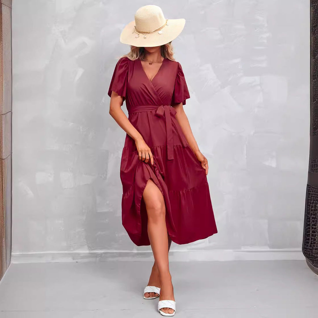 Women's Summer Solid Color V-Neck Short Sleeve Dress