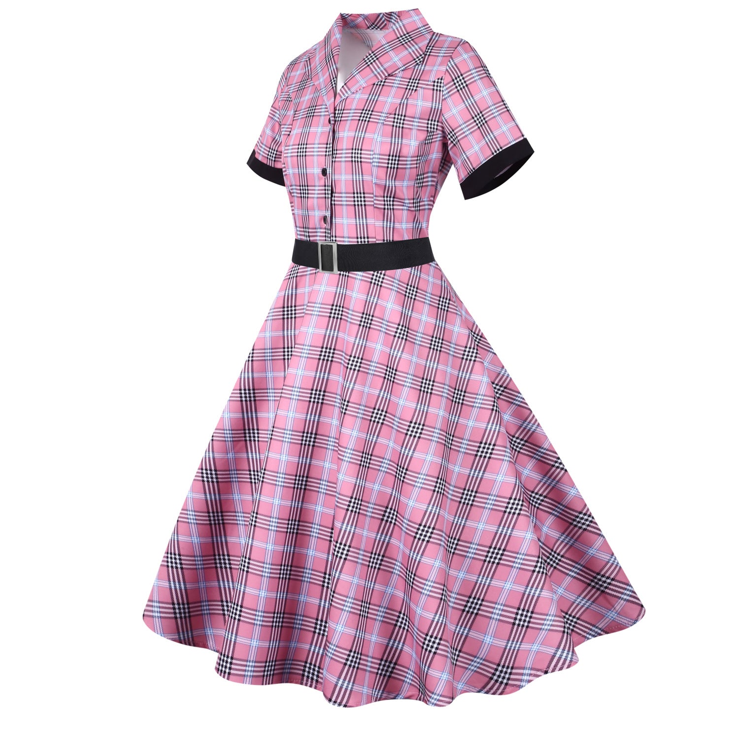 Retro Plaid Short Sleeve Dress with Belt